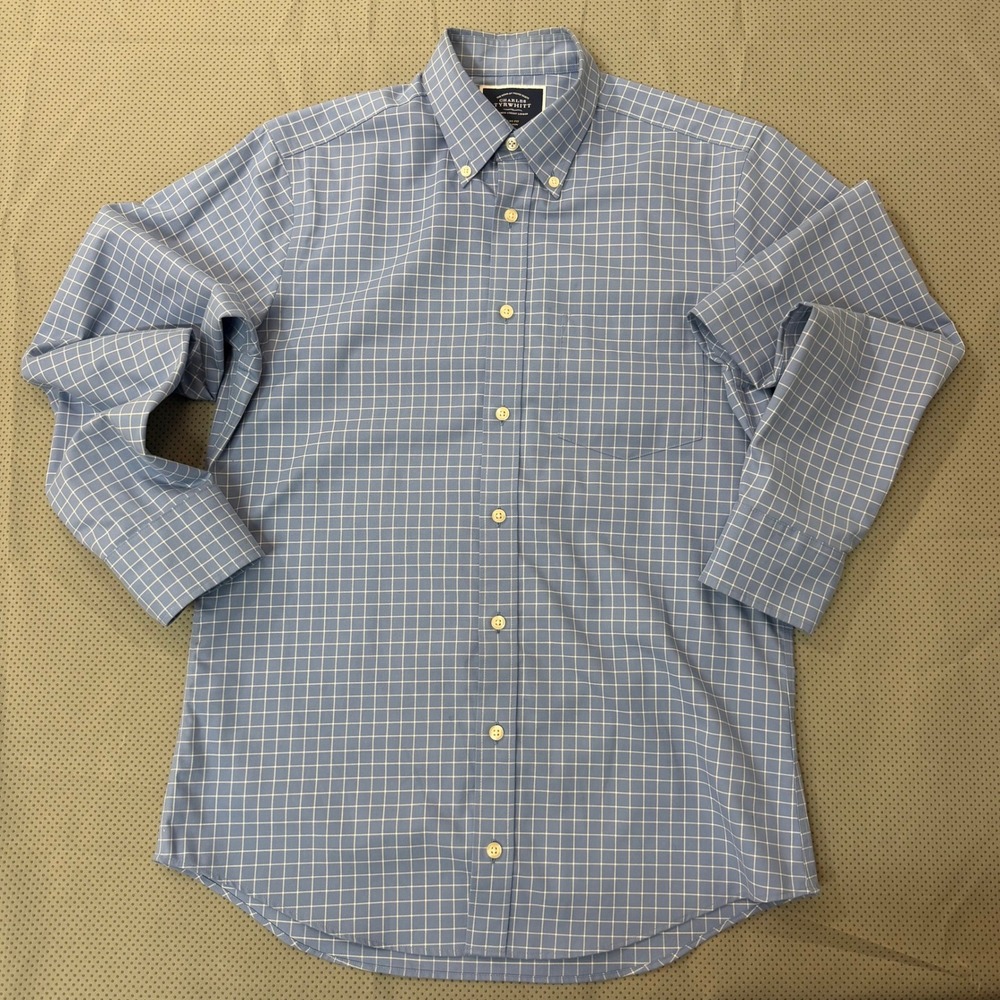 Charles Tyrwhitt Button Down Men S Blue Grid Slim Fit Non-Iron Business Casual